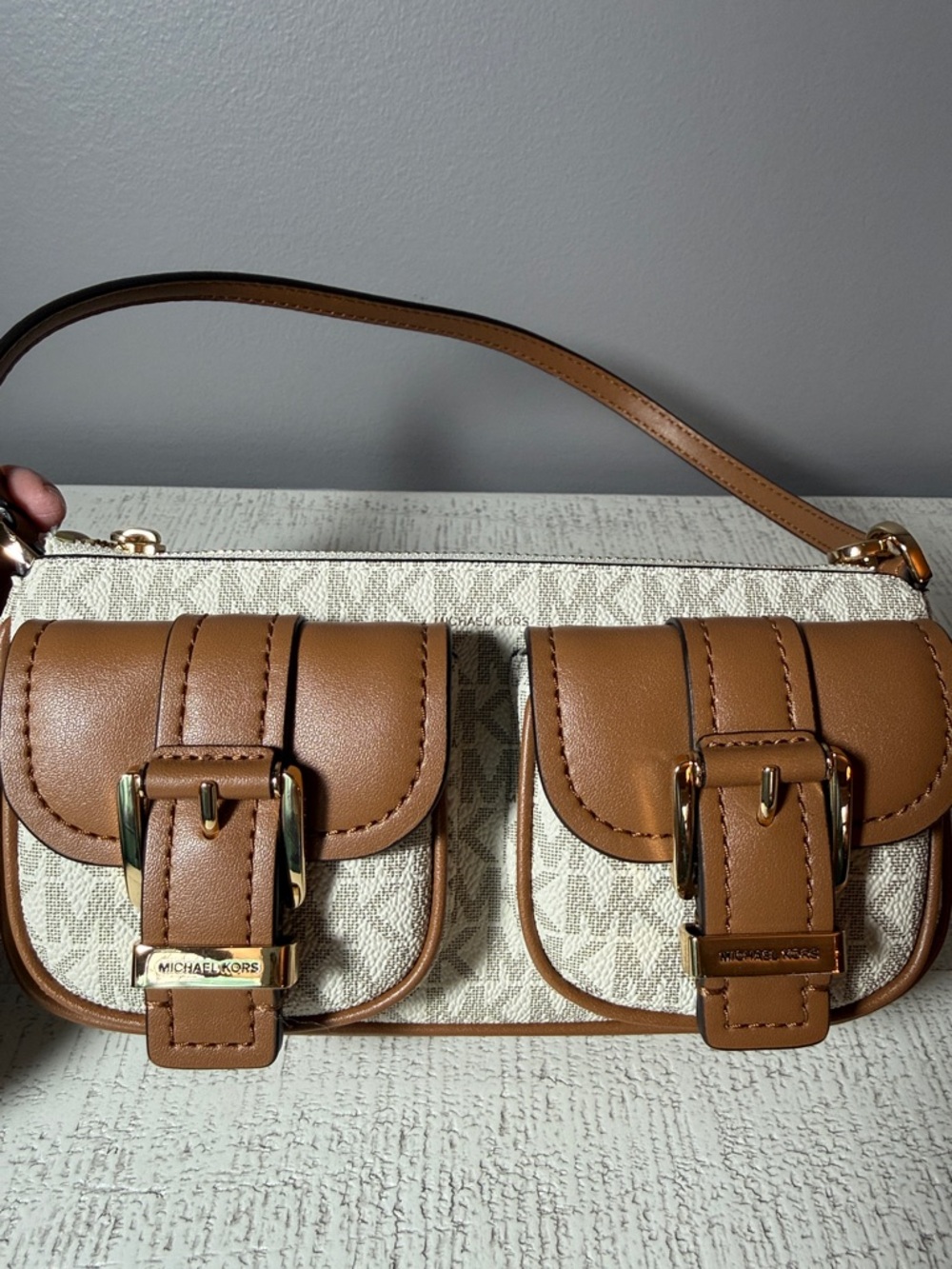 NWOT Michael Kors Beige MK Logo with Brown Leather Dual Pocket Shoulder Bag - Picture 4 of 4